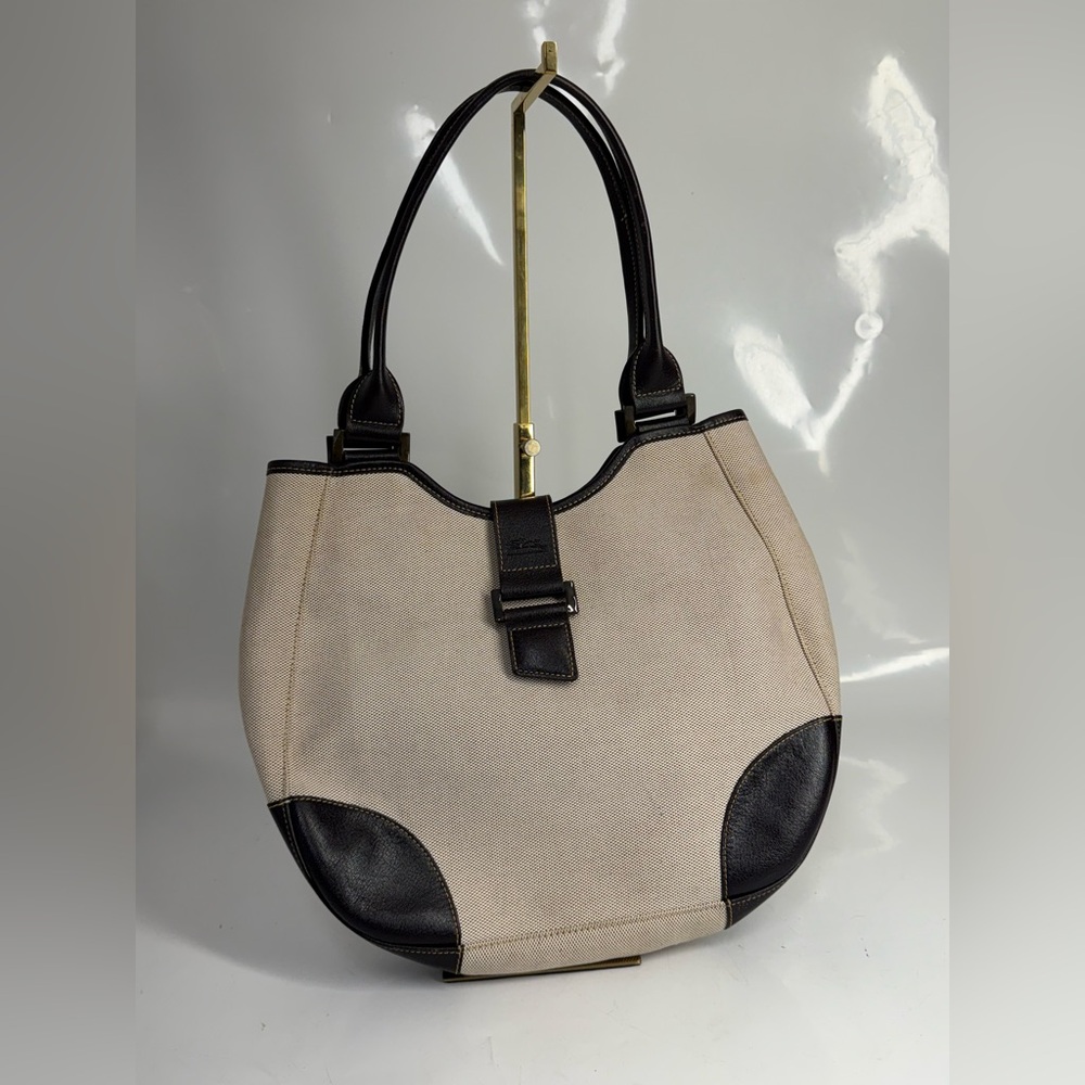 Longchamp Beige Canvas and Dark Brown Leather Shoulder Bag vintage